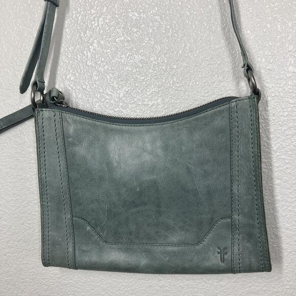 Frye Melissa Leather Zip Crossbody Bag Green Sky Tone Adjustable Strap 8x11" - Picture 4 of 16